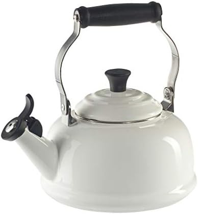 White enamel on steel whistling kettle