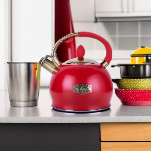 Red food grade steel whistling tea kettle — photo 5