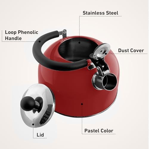 Large Red Stainless Steel Whistling Kettle — photo 3