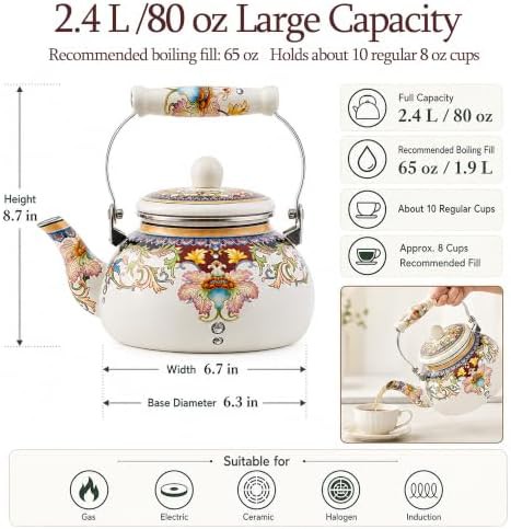 Vintage Floral Enamel Tea Kettle No Whistle — photo 3