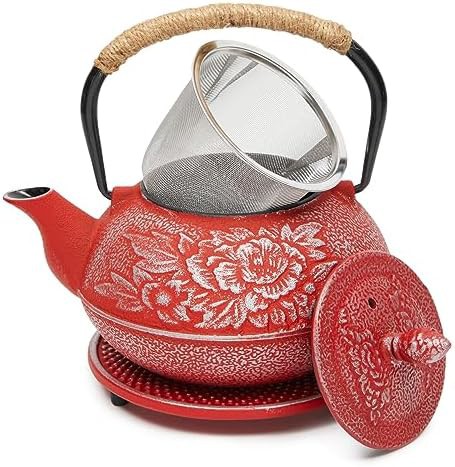 Red cast iron Japanese teapot set