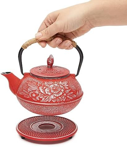 Red cast iron Japanese teapot set — photo 4