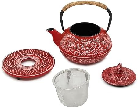 Red cast iron Japanese teapot set — photo 5