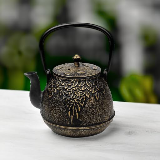 Black Japanese Cast Iron Leaf Design Kettle — photo 4