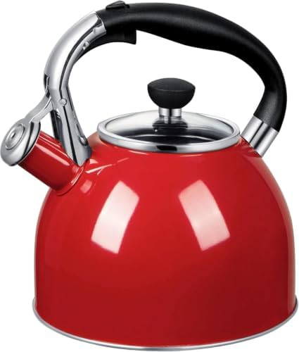 Red stainless steel whistling tea kettle