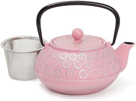 Pink cast iron Japanese kettle with infuser