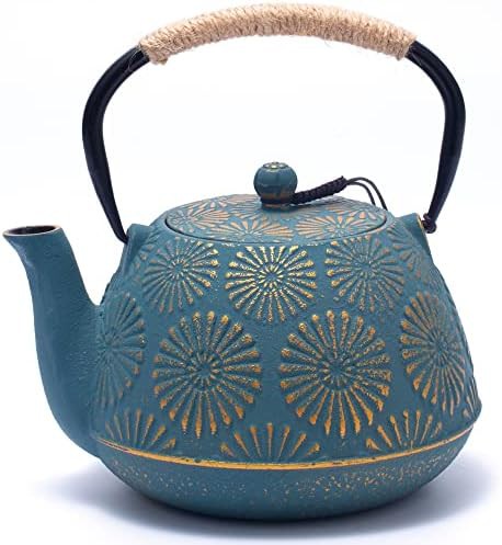 Green Sakura Pattern Cast Iron Kettle 1200ml