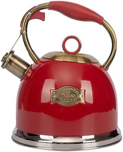 Red stainless steel whistling teapot 3.0 quart