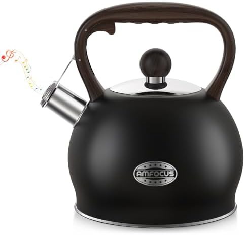 Black whistling camping kettle with ergonomic handle