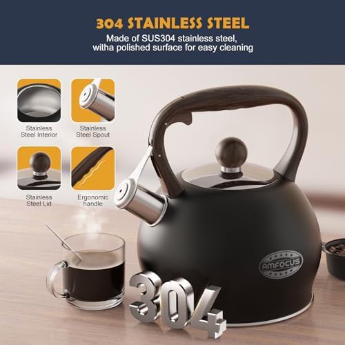 Black whistling camping kettle with ergonomic handle — photo 3