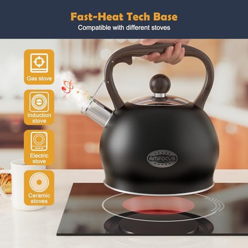 Black whistling camping kettle with ergonomic handle — photo 4