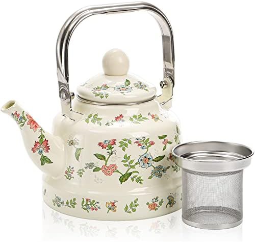 Green floral enamel kettle with infuser