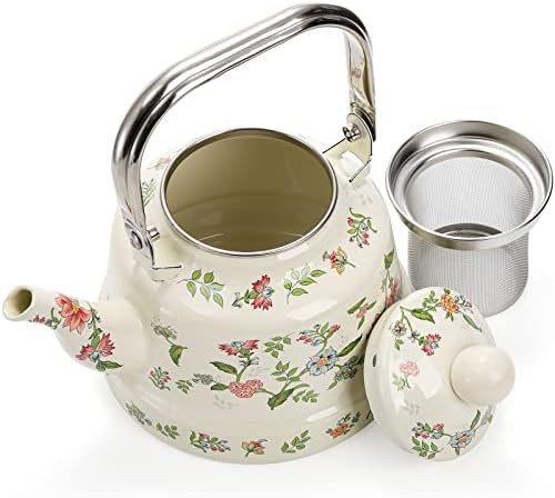 Green floral enamel kettle with infuser — photo 3