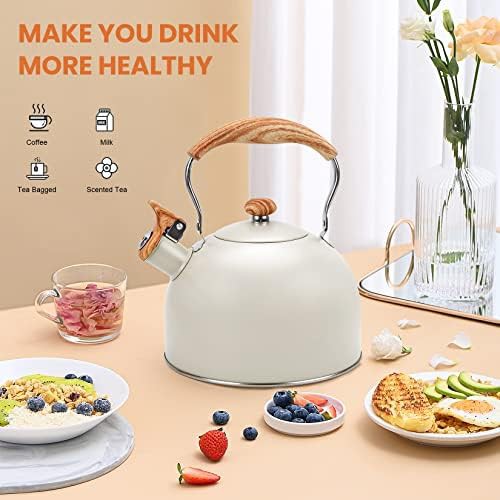 Beige stainless steel whistling tea kettle 2.6 qt — photo 4