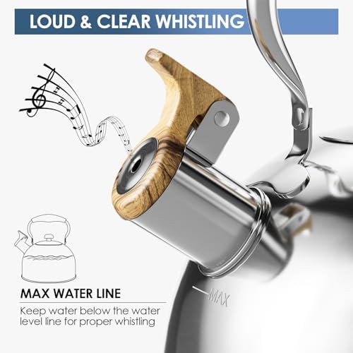 Silver stainless whistling kettle with wood pattern handle — photo 3