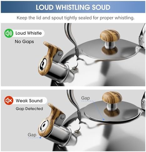 Silver stainless whistling kettle with wood pattern handle — photo 4