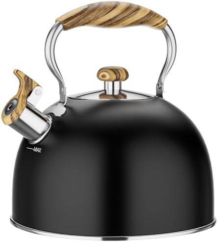 Black stainless whistling tea kettle