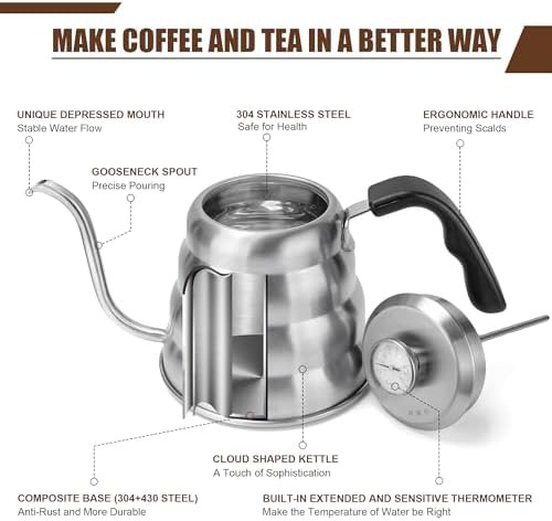 Apusu Stovetop Gooseneck Coffee Pot with Thermometer Silver — photo 4