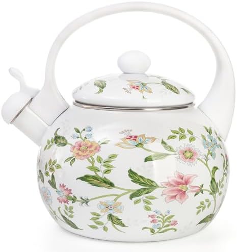 Floral enamel whistling stovetop tea kettle
