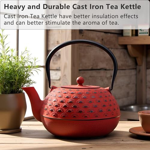 Red cast iron Japanese teapot with infuser — photo 3