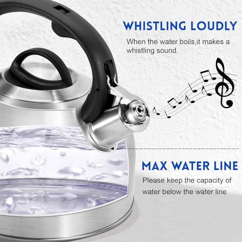 Silver stainless whistling kettle with button control — photo 4