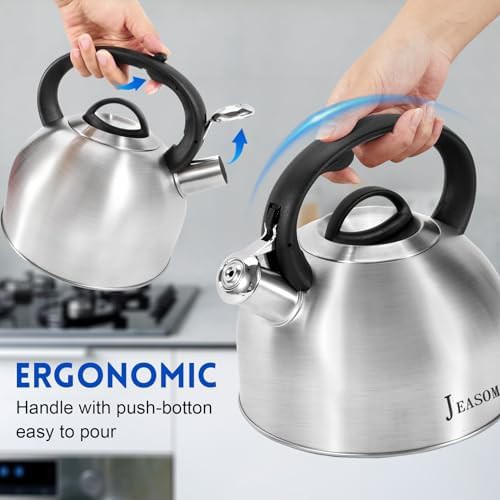 Silver stainless whistling kettle with button control — photo 5