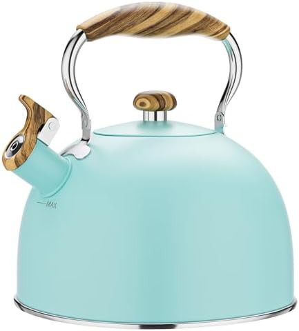 Blue stainless whistling stovetop kettle