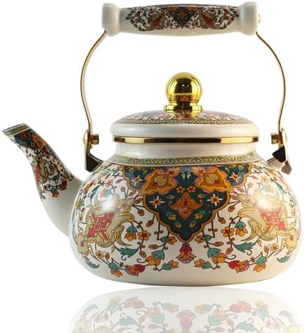 Floral enamel teapot with ceramic handle