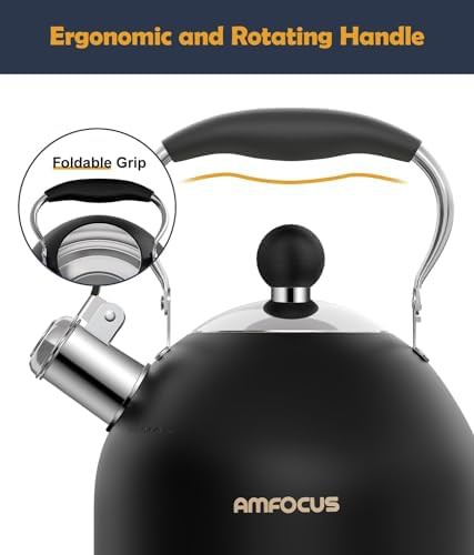 Black stainless steel whistling kettle with folding handle — photo 4