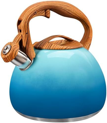 Blue Whistling Kettle with Wood Handle