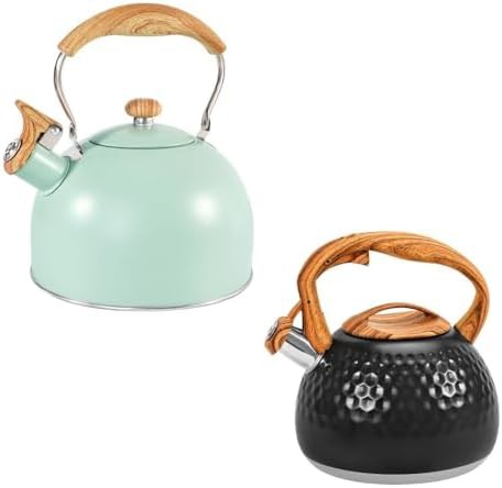 Black and green stainless whistling tea kettle