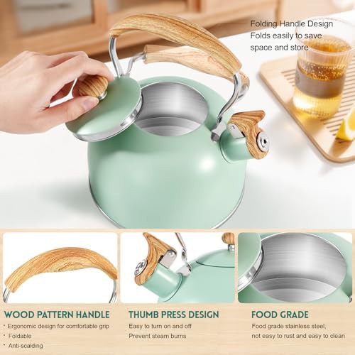 Black and green stainless whistling tea kettle — photo 3