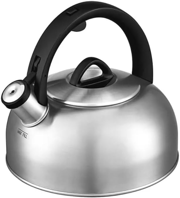 Brushed stainless steel whistling tea kettle