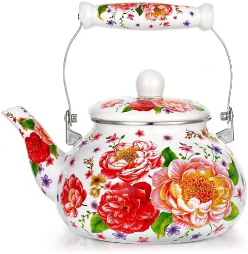 Floral enamel on steel vintage kettle