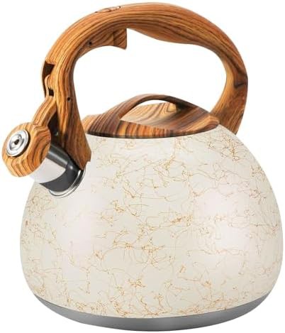 Off white stainless steel whistling tea kettle