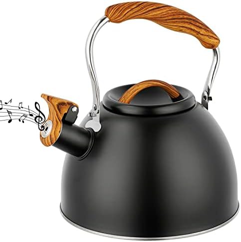 Black whistling kettle with wood pattern handle