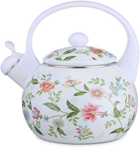 Camping floral enamel whistling tea kettle