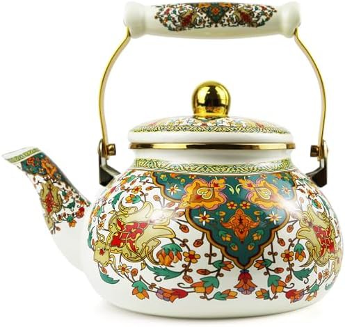 Vintage gold floral enamel stovetop teapot