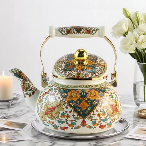 Vintage gold floral enamel stovetop teapot — photo 4