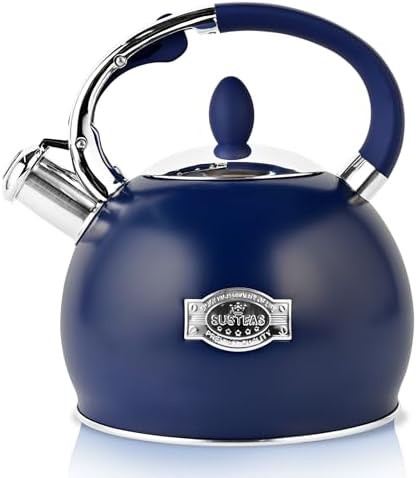 Navy blue steel whistling tea kettle