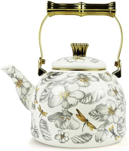 Vintage dragonfly floral enamel tea kettle