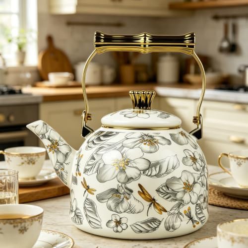 Vintage dragonfly floral enamel tea kettle — photo 3