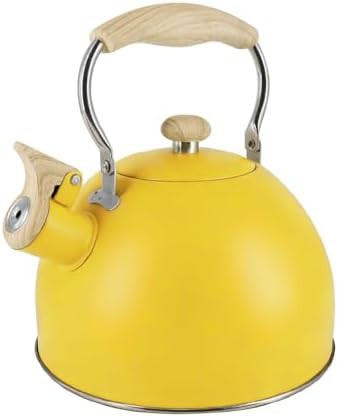 Yellow Whistling Kettle with Faux Wood Handle