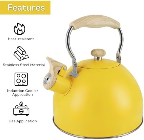 Yellow Whistling Kettle with Faux Wood Handle — photo 4