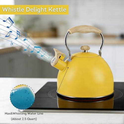 Yellow Whistling Kettle with Faux Wood Handle — photo 5