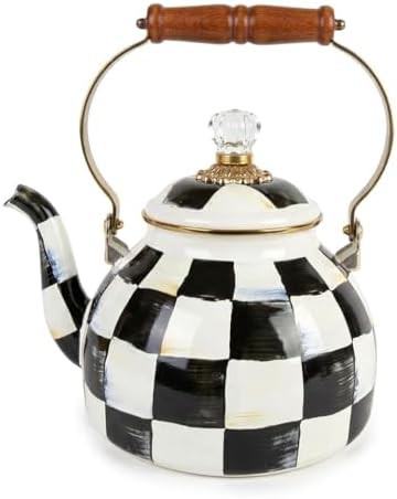 Checkered enamel tea kettle with wood handle