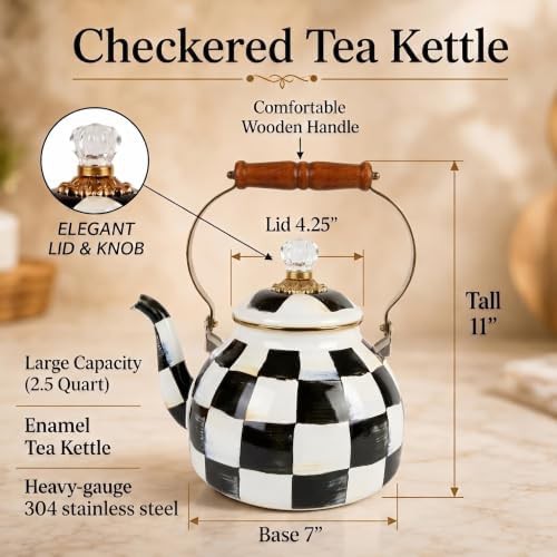 Checkered enamel tea kettle with wood handle — photo 3