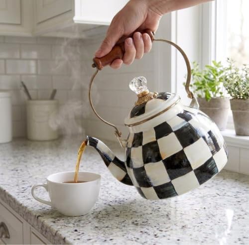 Checkered enamel tea kettle with wood handle — photo 4