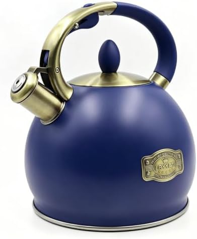 Blue stainless steel whistling tea kettle